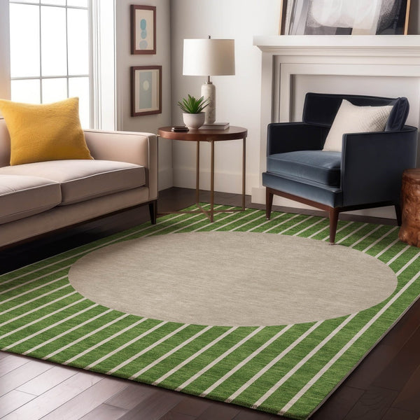 HomeRoots 10' Striped Green Ivory Beige Washable Area Rug with UV Protection for Durable Indoor & Outdoor Use 678287