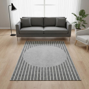HomeRoots 5' X 8' Gray Ivory and Silver Striped Washable Area Rug with Stain Resistance and UV Protection 678289