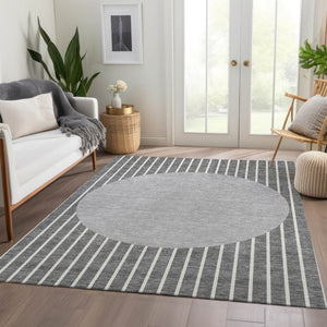 HomeRoots 5' X 8' Gray Ivory and Silver Striped Washable Area Rug with Stain Resistance and UV Protection 678289