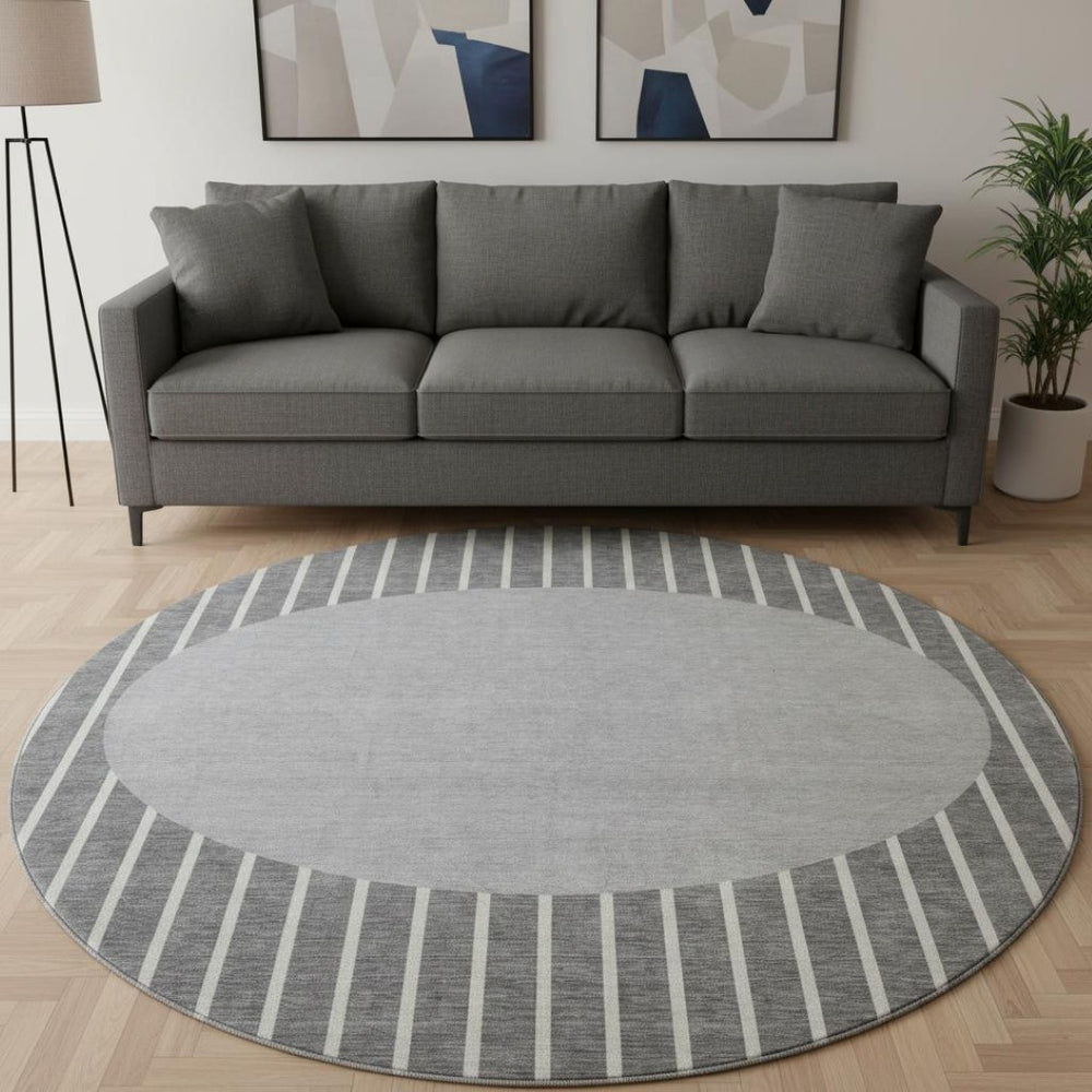 HomeRoots 8' Gray Ivory Silver Striped Washable Round Rug – Durable, UV-Protected, Stain-Resistant Design! 678290