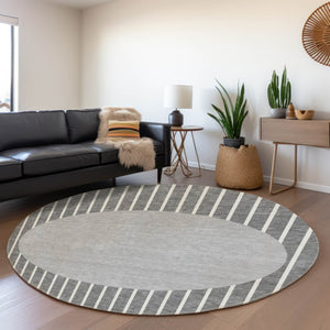 HomeRoots 8' Gray Ivory Silver Striped Washable Round Rug – Durable, UV-Protected, Stain-Resistant Design! 678290