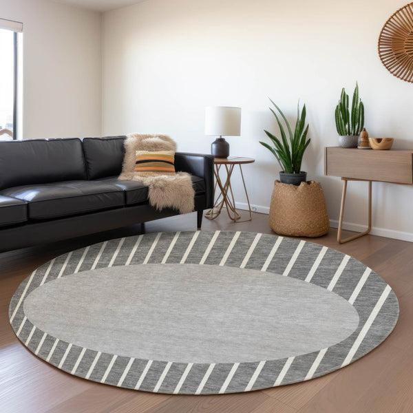 HomeRoots 8' Gray Ivory Silver Striped Washable Round Rug – Durable, UV-Protected, Stain-Resistant Design! 678290