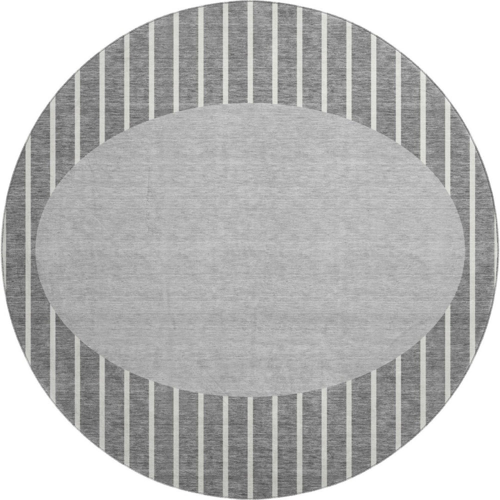 HomeRoots 8' Gray Ivory Silver Striped Washable Round Rug – Durable, UV-Protected, Stain-Resistant Design! 678290