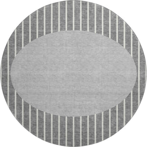 HomeRoots 8' Gray Ivory Silver Striped Washable Round Rug – Durable, UV-Protected, Stain-Resistant Design! 678290