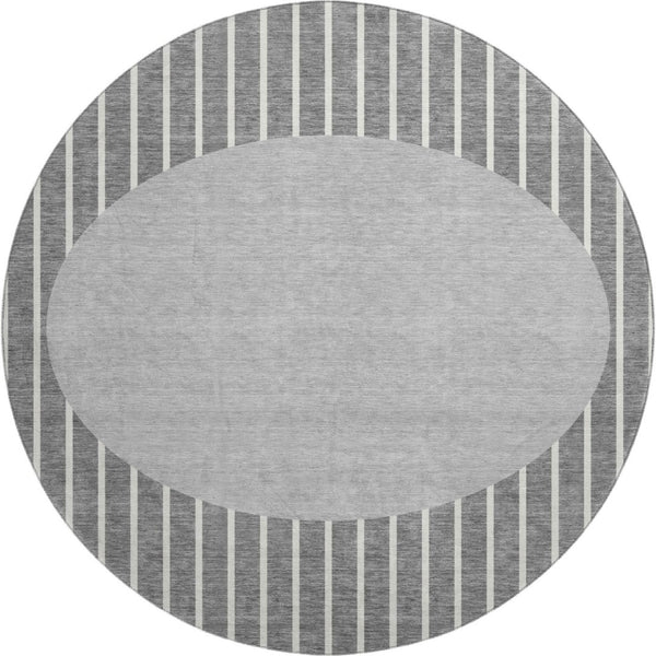 HomeRoots 8' Gray Ivory Silver Striped Washable Round Rug – Durable, UV-Protected, Stain-Resistant Design! 678290