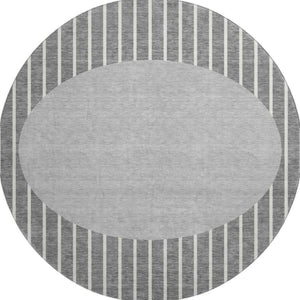 HomeRoots 8' Gray Ivory Silver Striped Washable Round Rug – Durable, UV-Protected, Stain-Resistant Design! 678290