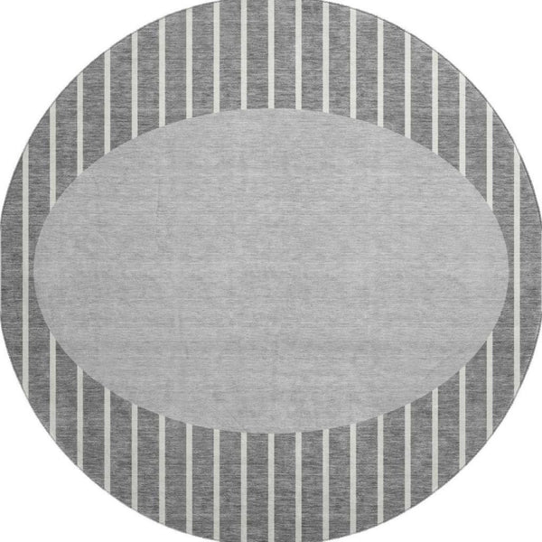 HomeRoots 8' Gray Ivory Silver Striped Washable Round Rug – Durable, UV-Protected, Stain-Resistant Design! 678290