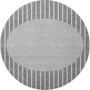 HomeRoots 8' Gray Ivory Silver Striped Washable Round Rug – Durable, UV-Protected, Stain-Resistant Design! 678290