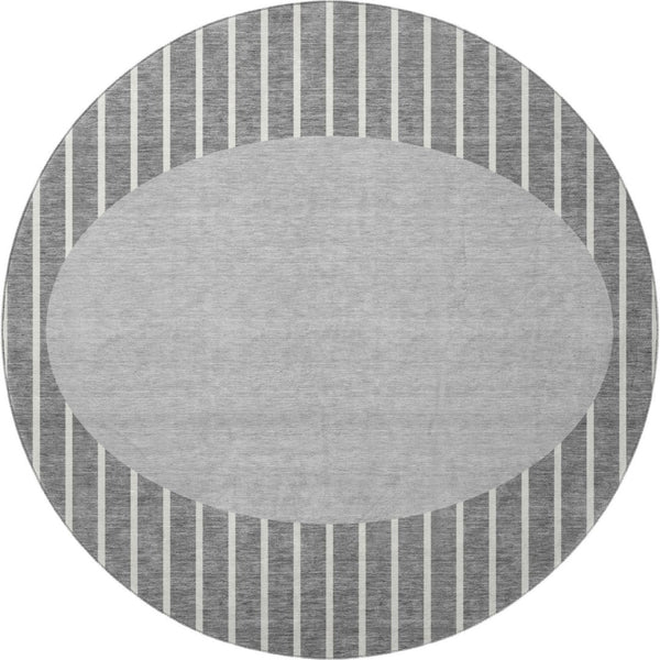 HomeRoots 8' Gray Ivory Silver Striped Washable Round Rug – Durable, UV-Protected, Stain-Resistant Design! 678290