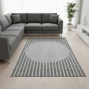 HomeRoots 8' X 10' Striped Washable Area Rug in Gray, Ivory & Silver - UV Protected, Durable & Stylish Design 678291