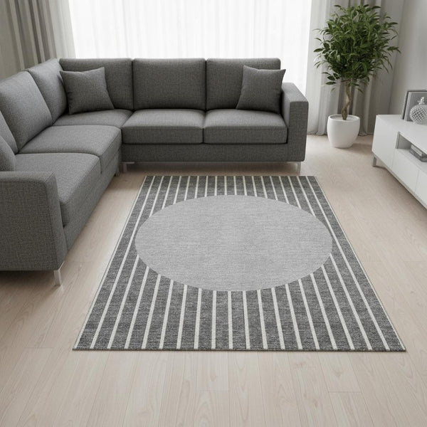 HomeRoots 9' Stylish Gray Ivory & Silver Striped Washable Area Rug with UV Protection for Family Homes 678292