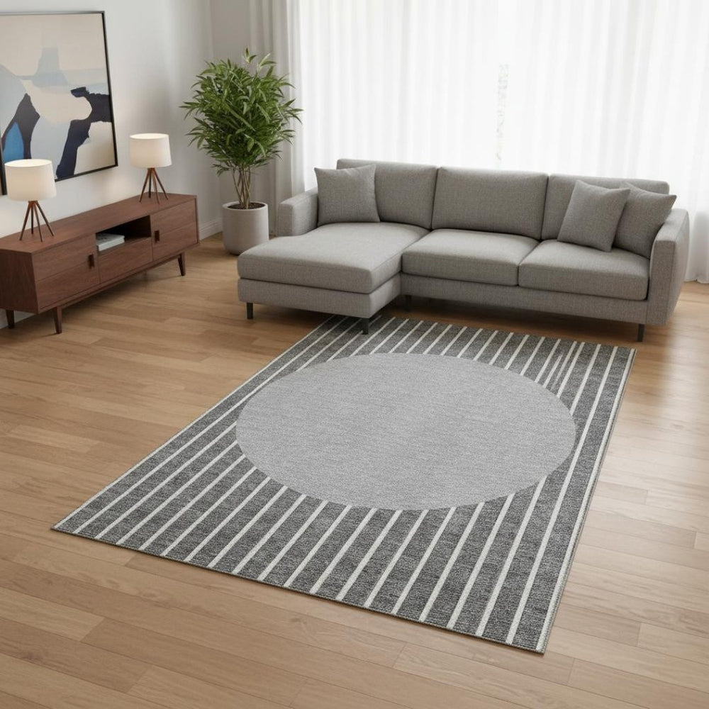 HomeRoots 10' X 14' Gray Ivory Silver Striped Washable Area Rug – Stylish, Durable, UV Protected, Easy Care! 678293