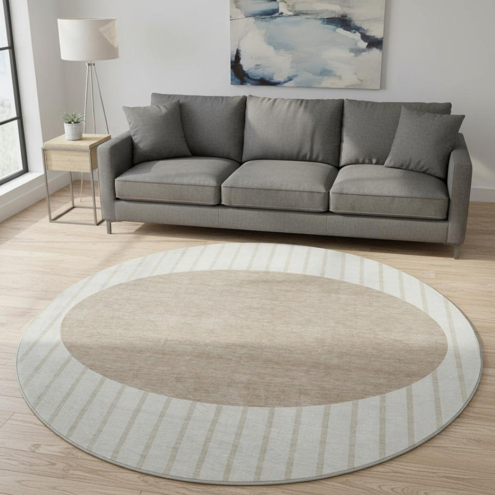 HomeRoots 8' Washable Round Rug in Ivory, Beige & Taupe Stripes – Durable, UV-Protected & Ideal for Any Room 678296