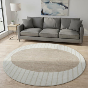 HomeRoots 8' Washable Round Rug in Ivory, Beige & Taupe Stripes – Durable, UV-Protected & Ideal for Any Room 678296