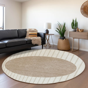 HomeRoots 8' Washable Round Rug in Ivory, Beige & Taupe Stripes – Durable, UV-Protected & Ideal for Any Room 678296
