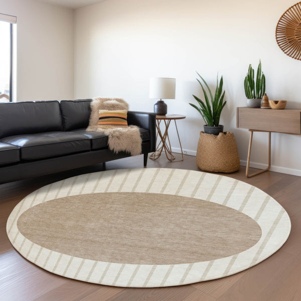 HomeRoots 8' Washable Round Rug in Ivory, Beige & Taupe Stripes – Durable, UV-Protected & Ideal for Any Room 678296