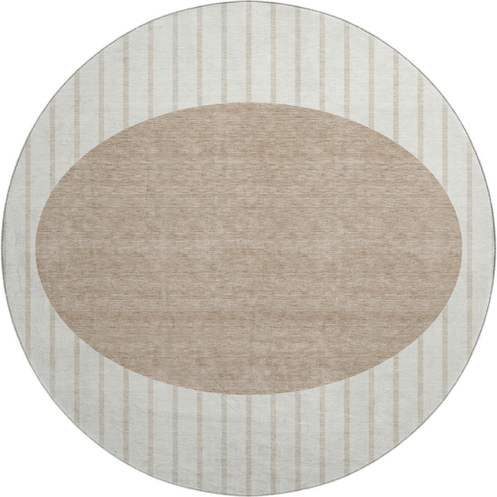 HomeRoots 8' Washable Round Rug in Ivory, Beige & Taupe Stripes – Durable, UV-Protected & Ideal for Any Room 678296