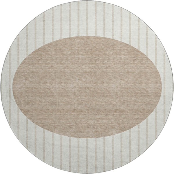 HomeRoots 8' Washable Round Rug in Ivory, Beige & Taupe Stripes – Durable, UV-Protected & Ideal for Any Room 678296
