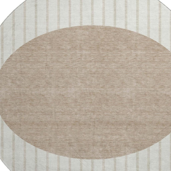 HomeRoots 8' Washable Round Rug in Ivory, Beige & Taupe Stripes – Durable, UV-Protected & Ideal for Any Room 678296