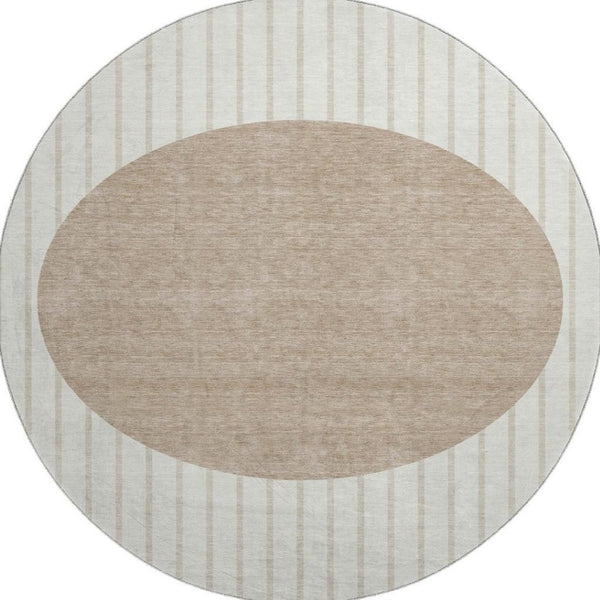 HomeRoots 8' Washable Round Rug in Ivory, Beige & Taupe Stripes – Durable, UV-Protected & Ideal for Any Room 678296