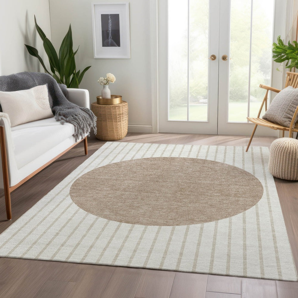 HomeRoots 10' Elegant Striped Ivory Beige Taupe Washable Area Rug - Durable, UV Protected & Pet Friendly 678299
