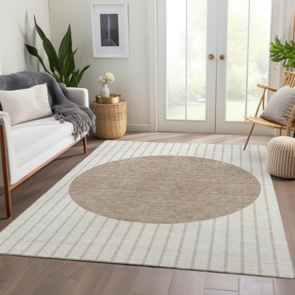 HomeRoots 10' Elegant Striped Ivory Beige Taupe Washable Area Rug - Durable, UV Protected & Pet Friendly 678299