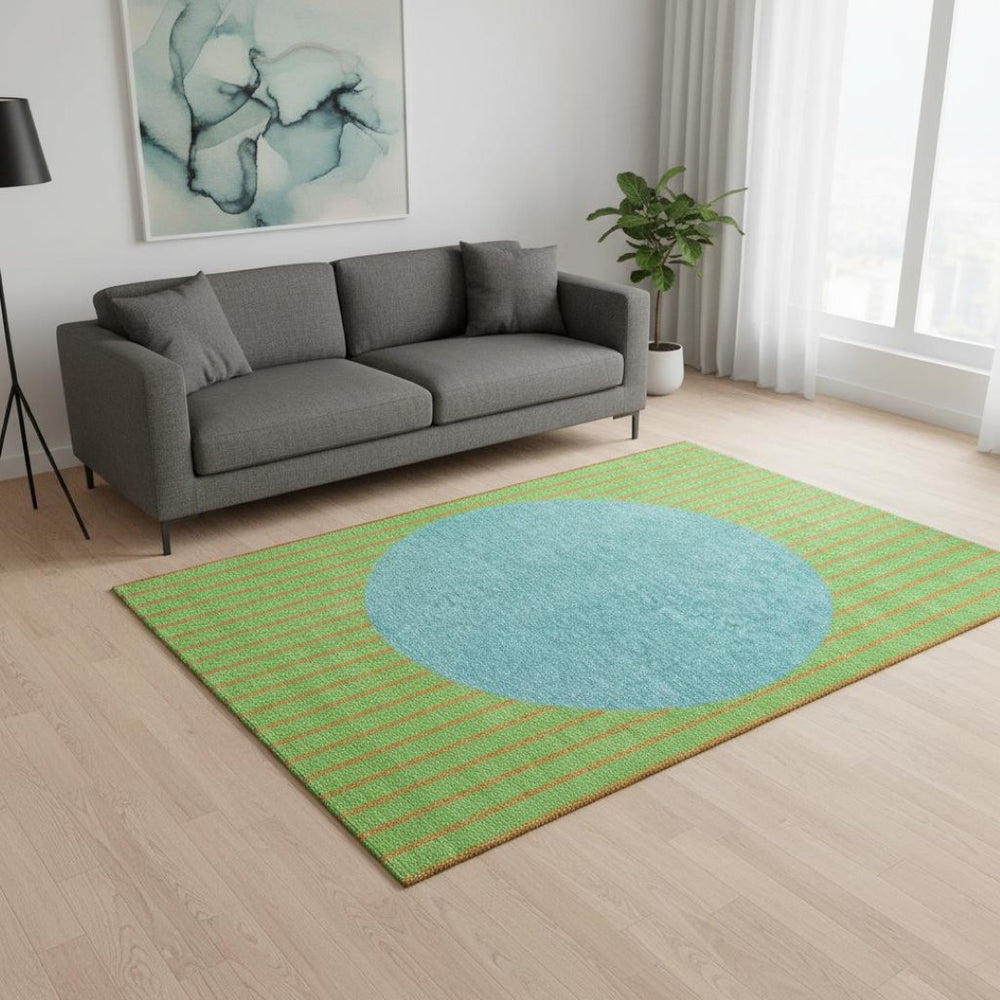 HomeRoots 5' X 8' Vibrant Lime Green, Orange & Teal Striped Area Rug – Washable, UV-Protected & Durable Design! 678301