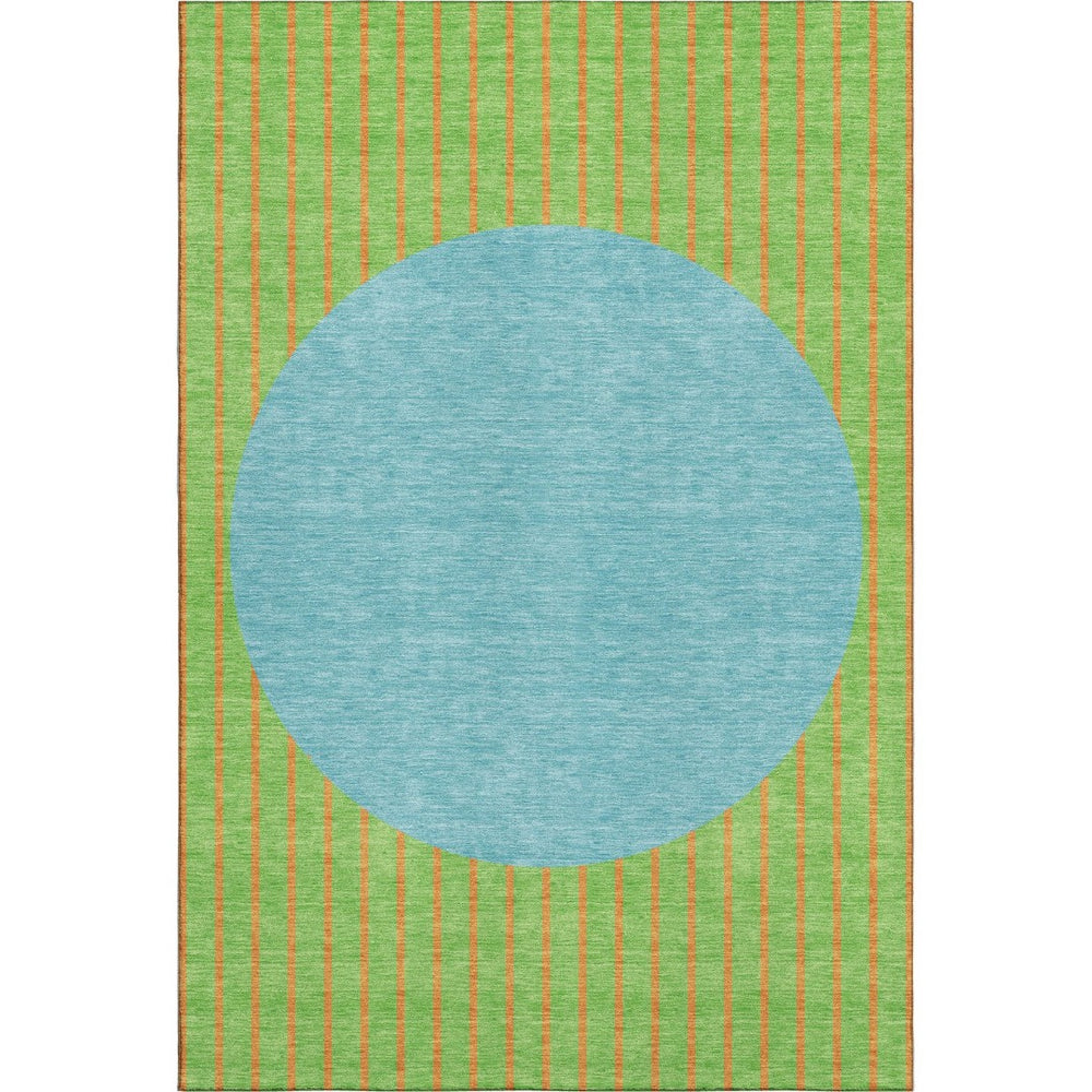 HomeRoots 5' X 8' Vibrant Lime Green, Orange & Teal Striped Area Rug – Washable, UV-Protected & Durable Design! 678301