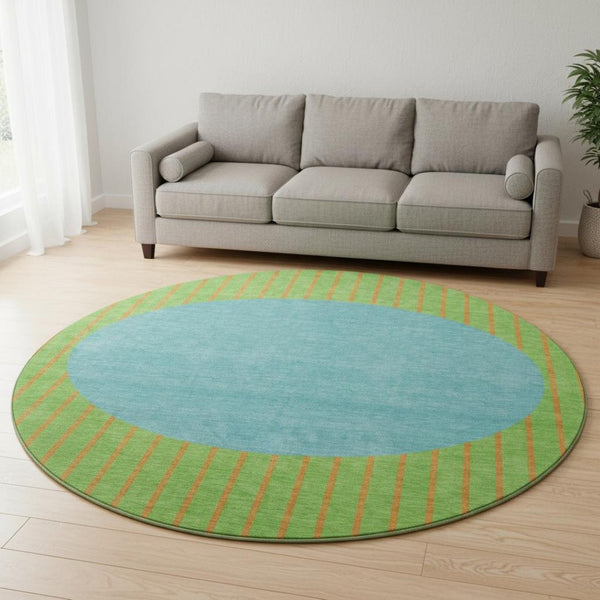 HomeRoots 8' Vibrant Lime Green, Orange & Teal Striped Washable Round Rug - UV Protected, Kid & Pet Friendly! 678302