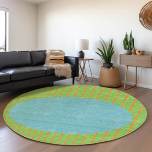 HomeRoots 8' Vibrant Lime Green, Orange & Teal Striped Washable Round Rug - UV Protected, Kid & Pet Friendly! 678302
