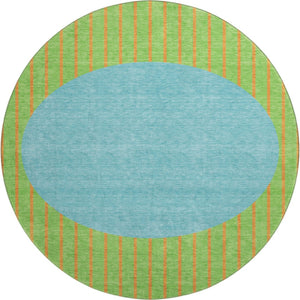 HomeRoots 8' Vibrant Lime Green, Orange & Teal Striped Washable Round Rug - UV Protected, Kid & Pet Friendly! 678302
