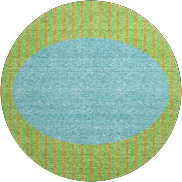 HomeRoots 8' Vibrant Lime Green, Orange & Teal Striped Washable Round Rug - UV Protected, Kid & Pet Friendly! 678302