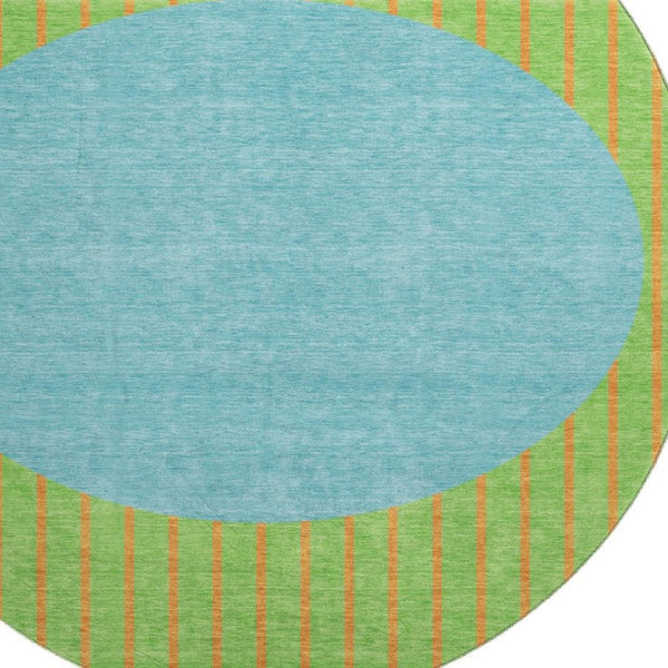 HomeRoots 8' Vibrant Lime Green, Orange & Teal Striped Washable Round Rug - UV Protected, Kid & Pet Friendly! 678302