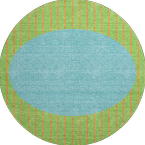 HomeRoots 8' Vibrant Lime Green, Orange & Teal Striped Washable Round Rug - UV Protected, Kid & Pet Friendly! 678302