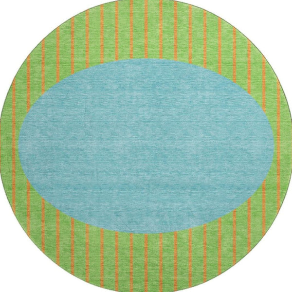 HomeRoots 8' Vibrant Lime Green, Orange & Teal Striped Washable Round Rug - UV Protected, Kid & Pet Friendly! 678302