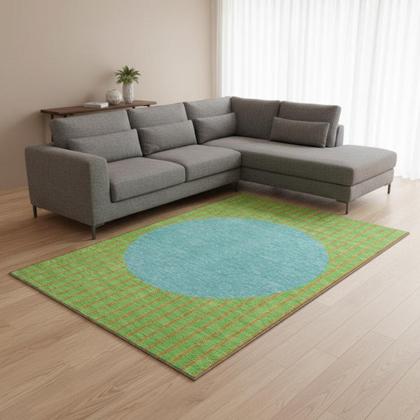 HomeRoots 9' X 12' Striped Area Rug in Vibrant Lime Green, Orange & Teal - Washable, UV Protected & Durable 678304