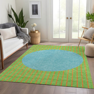 HomeRoots 10' Vibrant Striped Washable Area Rug in Lime Green, Orange & Teal - Durable, UV-Protected & Stylish! 678305