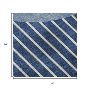 HomeRoots 5' X 8' Navy Blue and Ivory Striped Area Rug - Washable, UV Resistant, Perfect for Busy Homes! 678307
