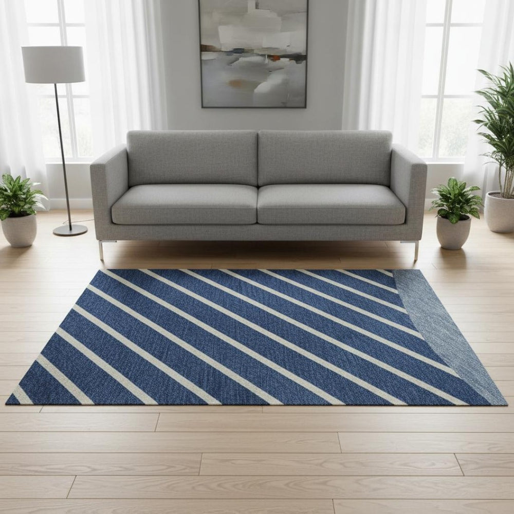 HomeRoots 5' X 8' Navy Blue and Ivory Striped Area Rug - Washable, UV Resistant, Perfect for Busy Homes! 678307