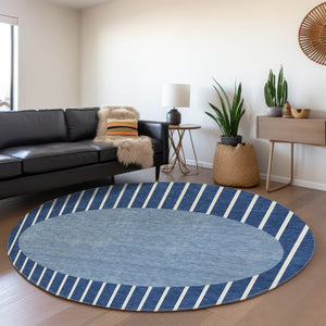 HomeRoots 8' Navy Blue Striped Round Rug - Washable, UV Protected, Ideal for High-Traffic Areas, Easy Care 678308
