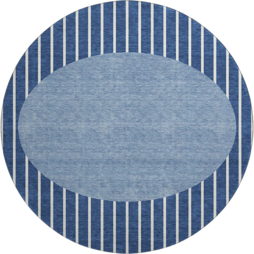 HomeRoots 8' Navy Blue Striped Round Rug - Washable, UV Protected, Ideal for High-Traffic Areas, Easy Care 678308