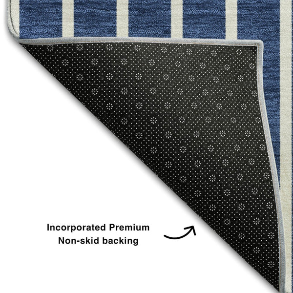 HomeRoots 8' Navy Blue Striped Round Rug - Washable, UV Protected, Ideal for High-Traffic Areas, Easy Care 678308