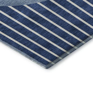 HomeRoots 8' Navy Blue Striped Round Rug - Washable, UV Protected, Ideal for High-Traffic Areas, Easy Care 678308