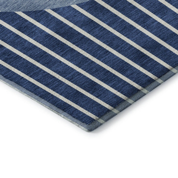 HomeRoots 8' Navy Blue Striped Round Rug - Washable, UV Protected, Ideal for High-Traffic Areas, Easy Care 678308