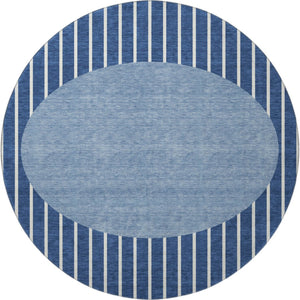 HomeRoots 8' Navy Blue Striped Round Rug - Washable, UV Protected, Ideal for High-Traffic Areas, Easy Care 678308