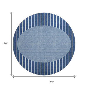 HomeRoots 8' Navy Blue Striped Round Rug - Washable, UV Protected, Ideal for High-Traffic Areas, Easy Care 678308