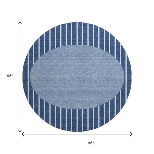 HomeRoots 8' Navy Blue Striped Round Rug - Washable, UV Protected, Ideal for High-Traffic Areas, Easy Care 678308