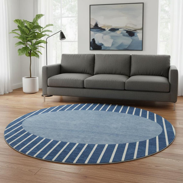 HomeRoots 8' Navy Blue Striped Round Rug - Washable, UV Protected, Ideal for High-Traffic Areas, Easy Care 678308