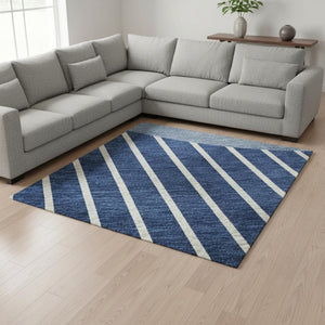 HomeRoots 8' X 10' Navy Blue & Ivory Striped Washable Area Rug – Durable, UV-Protected, Perfect for Kids & Pets! 678309
