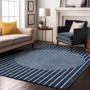 HomeRoots 8' X 10' Navy Blue & Ivory Striped Washable Area Rug – Durable, UV-Protected, Perfect for Kids & Pets! 678309